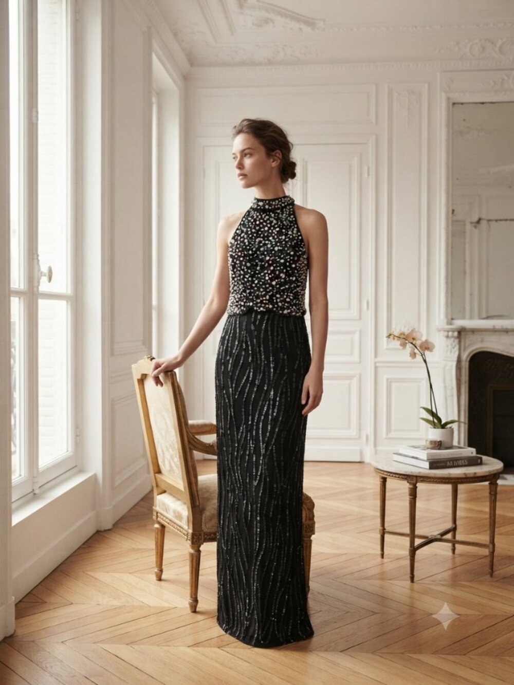 Vintage Night Vogue Black Beaded Silk Halter Evening Gown Size Medium